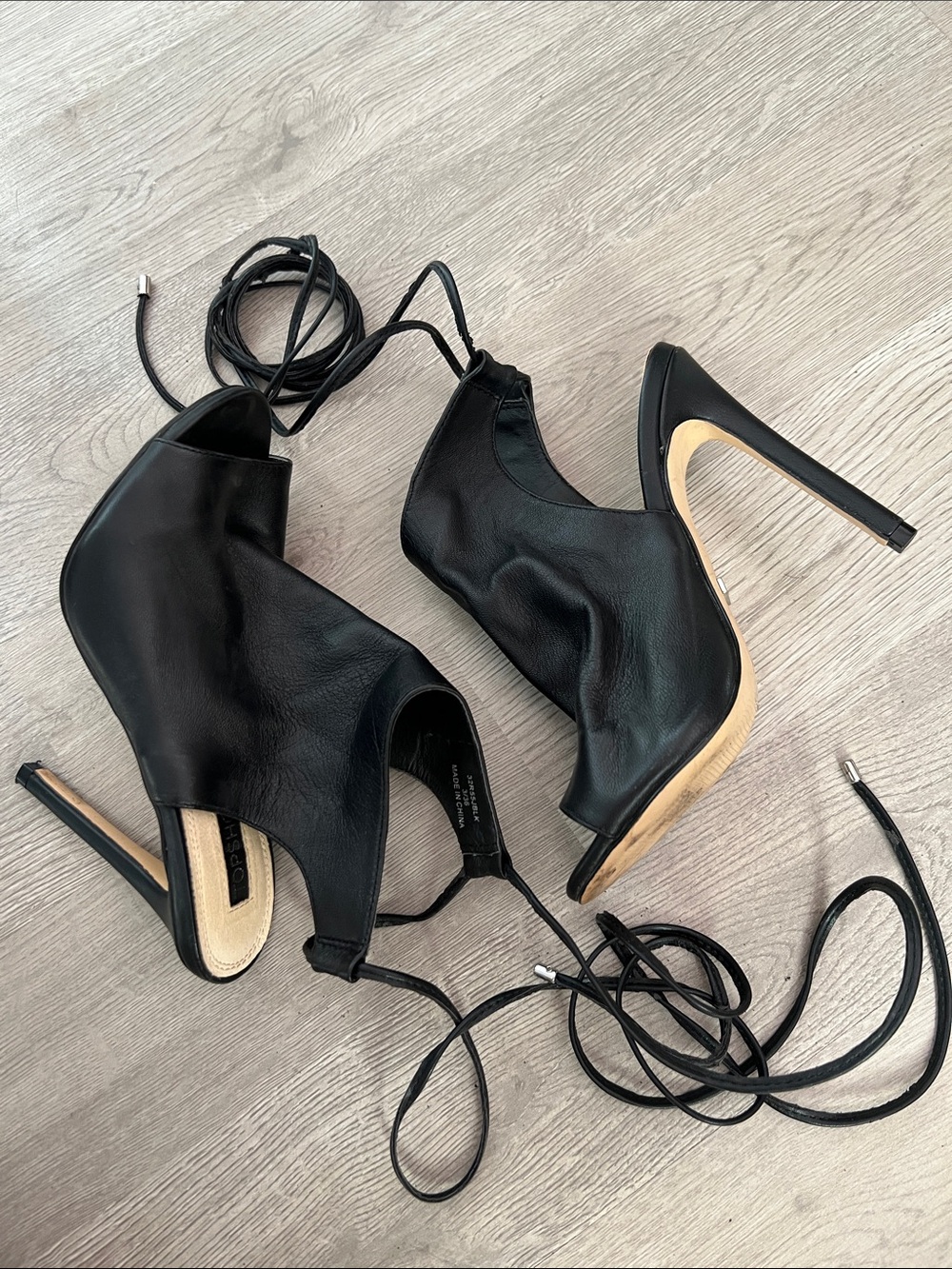 Top Shop Black Leather Lace-Up Peep Toe Wrap Sandal Heel - Picture 9 of 10